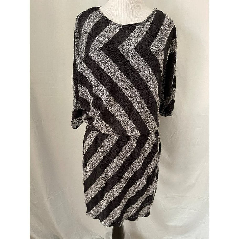 Max Studio Black/Gray Striped Half Sleeve Midi Knit Dress - Picture 1 of 11